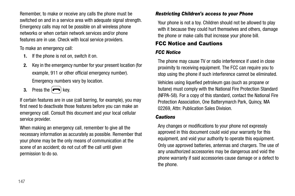 Restricting children's access to your phone, Fcc notice and cautions, Fcc notice | Cautions | Samsung SGH-A637CWAATT User Manual | Page 150 / 166