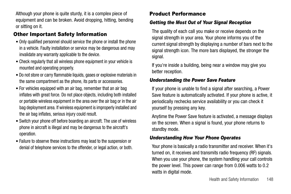 Other important safety information, Product performance, Getting the most out of your signal reception | Understanding the power save feature, Understanding how your phone operates | Samsung SGH-A637CWAATT User Manual | Page 151 / 166