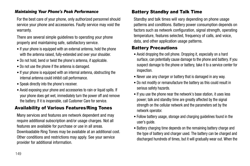 Maintaining your phone's peak performance, Availability of various features/ring tones, Battery standby and talk time | Battery precautions | Samsung SGH-A637CWAATT User Manual | Page 152 / 166