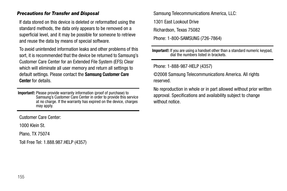 Precautions for transfer and disposal | Samsung SGH-A637CWAATT User Manual | Page 158 / 166