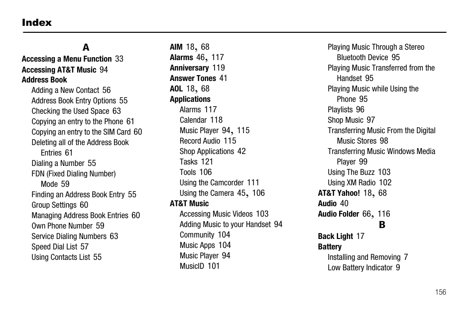 Index | Samsung SGH-A637CWAATT User Manual | Page 159 / 166