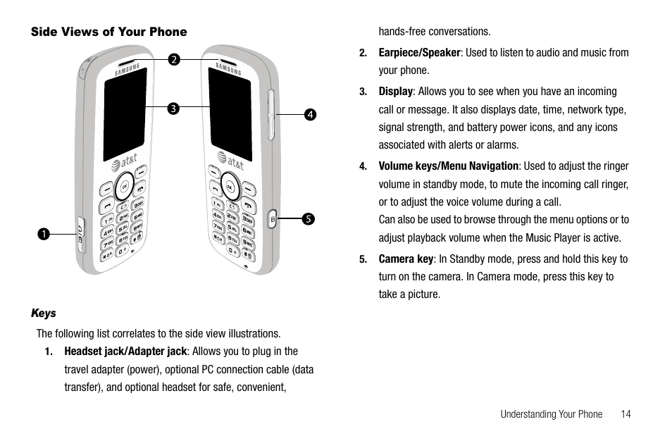 Side views of your phone, Keys | Samsung SGH-A637CWAATT User Manual | Page 17 / 166
