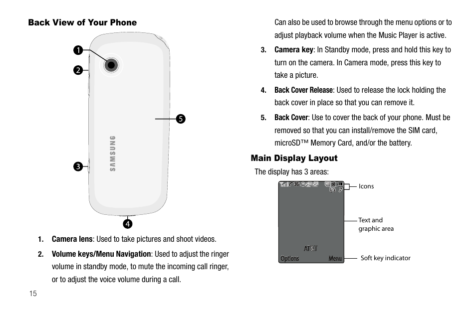 Back view of your phone, Main display layout, Back view of your phone main display layout | Samsung SGH-A637CWAATT User Manual | Page 18 / 166