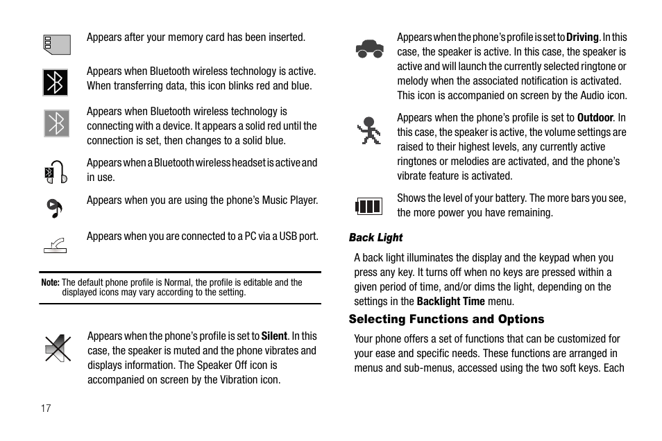 Back light, Selecting functions and options | Samsung SGH-A637CWAATT User Manual | Page 20 / 166