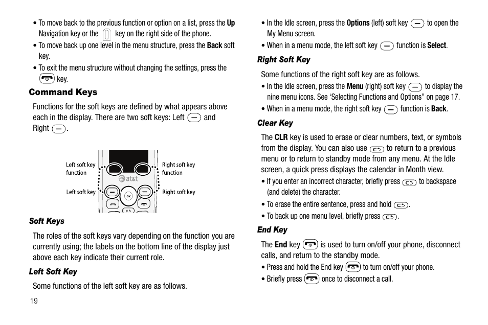 Command keys, Soft keys, Left soft key | Right soft key, Clear key, End key | Samsung SGH-A637CWAATT User Manual | Page 22 / 166