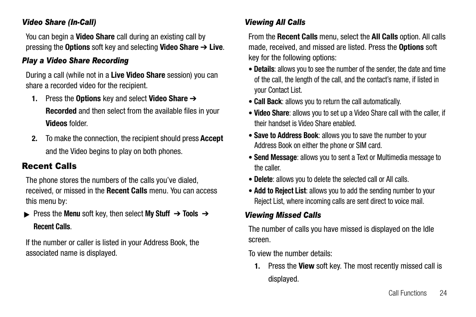 Video share (in-call), Play a video share recording, Recent calls | Viewing all calls, Viewing missed calls | Samsung SGH-A637CWAATT User Manual | Page 27 / 166