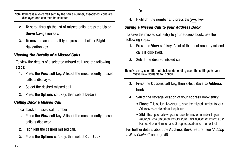 Viewing the details of a missed calls, Calling back a missed call, Saving a missed call to your address book | Samsung SGH-A637CWAATT User Manual | Page 28 / 166