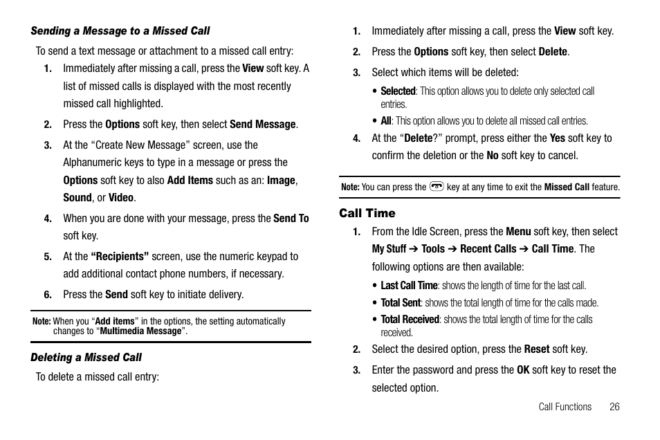 Sending a message to a missed call, Deleting a missed call, Call time | Samsung SGH-A637CWAATT User Manual | Page 29 / 166