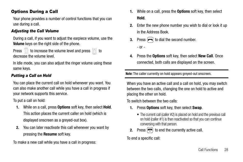 Options during a call, Adjusting the call volume, Putting a call on hold | Samsung SGH-A637CWAATT User Manual | Page 31 / 166