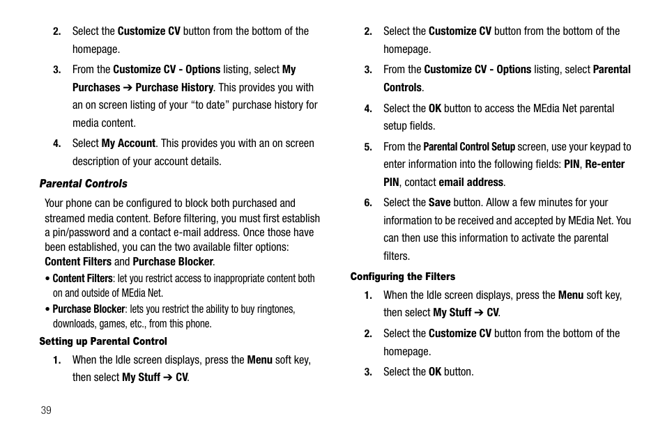 Parental controls, Setting up parental control, Configuring the filters | Samsung SGH-A637CWAATT User Manual | Page 42 / 166