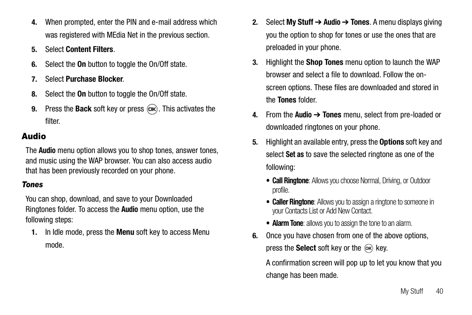 Audio, Tones | Samsung SGH-A637CWAATT User Manual | Page 43 / 166