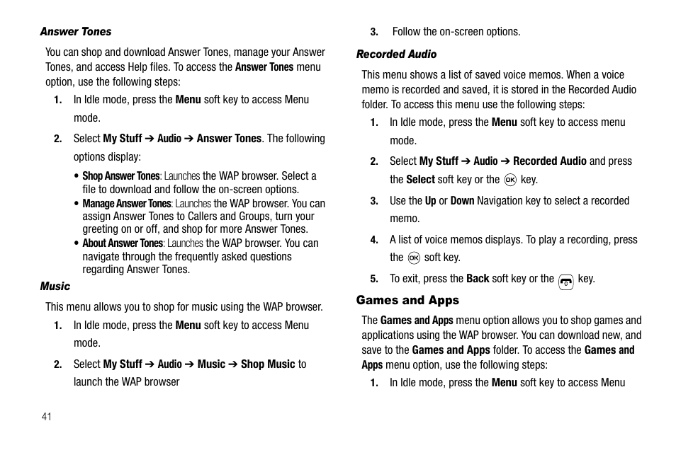Answer tones, Music, Recorded audio | Games and apps | Samsung SGH-A637CWAATT User Manual | Page 44 / 166