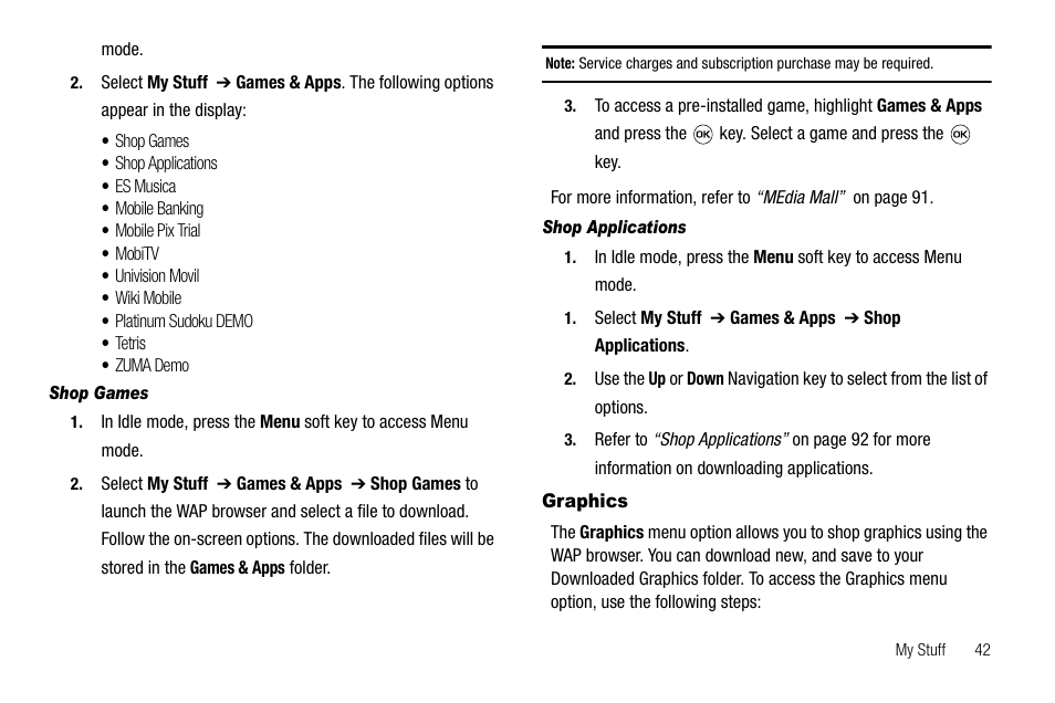 Shop games, Shop applications, Graphics | Samsung SGH-A637CWAATT User Manual | Page 45 / 166