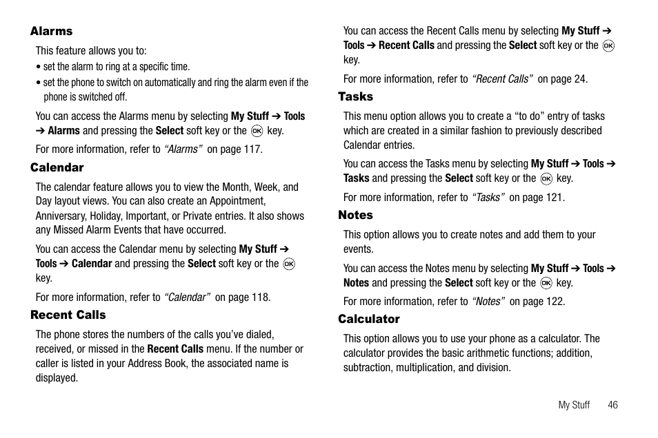 Alarms, Calendar, Recent calls | Tasks, Notes, Calculator | Samsung SGH-A637CWAATT User Manual | Page 49 / 166