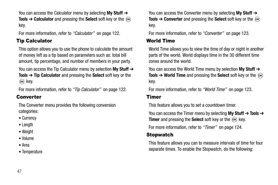 Tip calculator, Converter, World time | Timer, Stopwatch, Tip calculator converter, World time timer stopwatch | Samsung SGH-A637CWAATT User Manual | Page 50 / 166