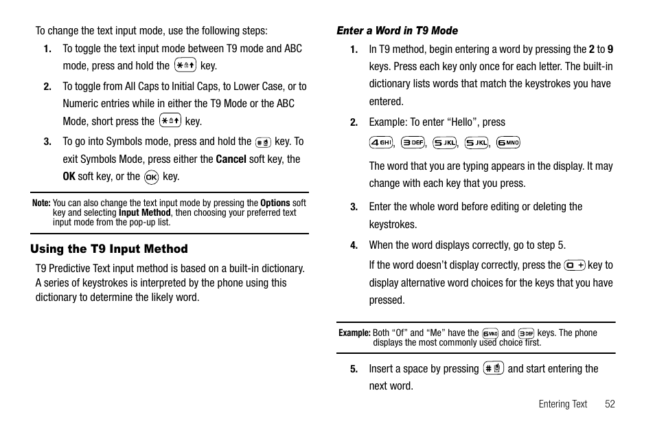 Using the t9 input method, Enter a word in t9 mode | Samsung SGH-A637CWAATT User Manual | Page 55 / 166