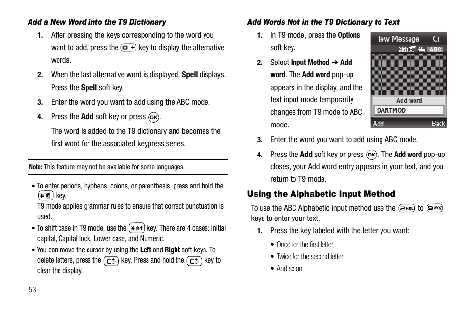 Add a new word into the t9 dictionary, Add words not in the t9 dictionary to text, Using the alphabetic input method | Samsung SGH-A637CWAATT User Manual | Page 56 / 166