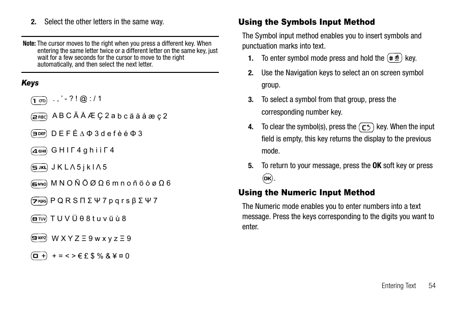 Keys, Using the symbols input method, Using the numeric input method | Samsung SGH-A637CWAATT User Manual | Page 57 / 166