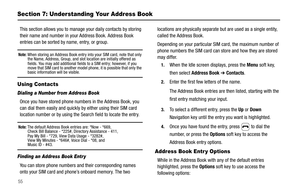 Section 7: understanding your address book, Using contacts, Dialing a number from address book | Finding an address book entry, Address book entry options, Using contacts address book entry options | Samsung SGH-A637CWAATT User Manual | Page 58 / 166