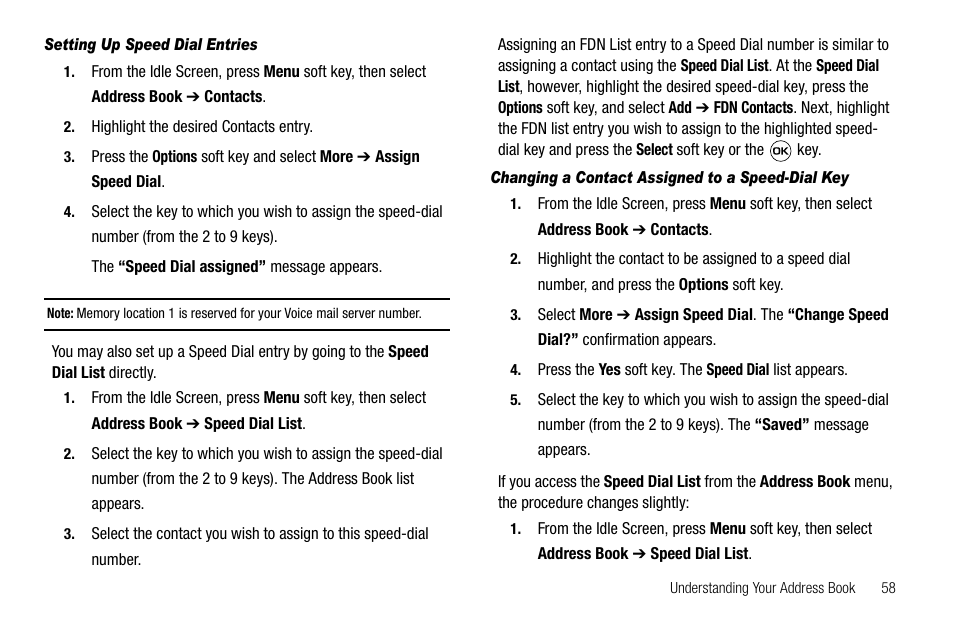 Setting up speed dial entries, Changing a contact assigned to a speed-dial key | Samsung SGH-A637CWAATT User Manual | Page 61 / 166