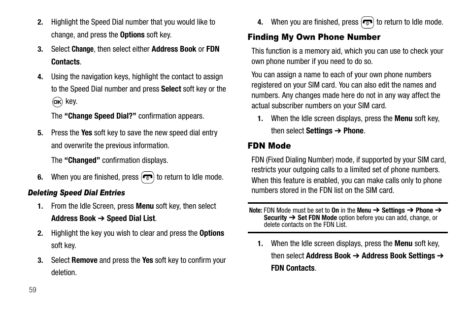 Deleting speed dial entries, Finding my own phone number, Fdn mode | Finding my own phone number fdn mode | Samsung SGH-A637CWAATT User Manual | Page 62 / 166