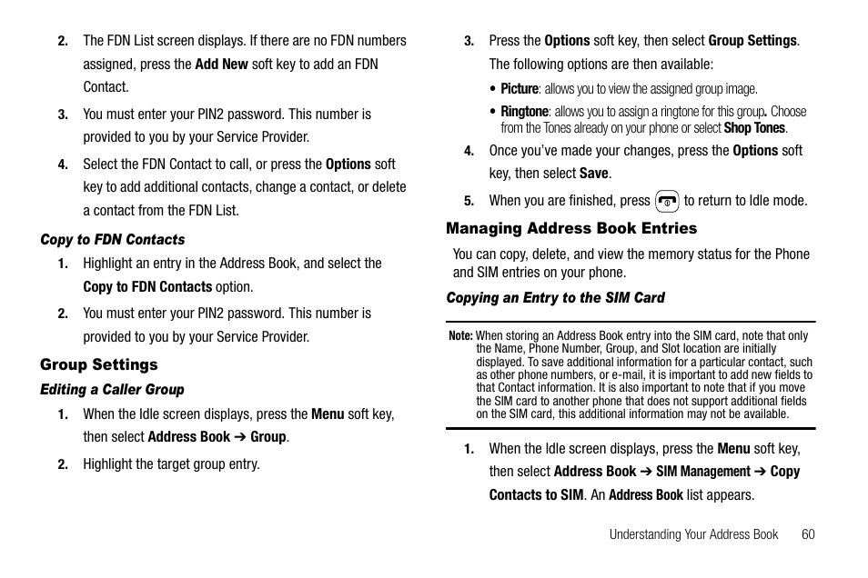 Copy to fdn contacts, Group settings, Editing a caller group | Managing address book entries, Copying an entry to the sim card, Group settings managing address book entries | Samsung SGH-A637CWAATT User Manual | Page 63 / 166
