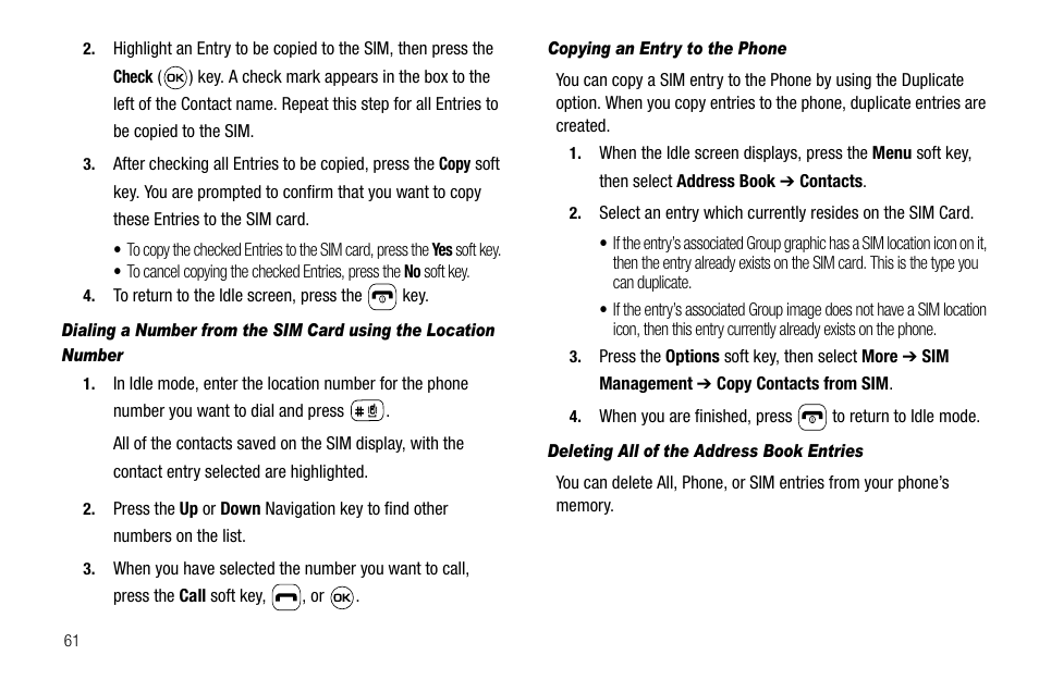 Copying an entry to the phone, Deleting all of the address book entries | Samsung SGH-A637CWAATT User Manual | Page 64 / 166