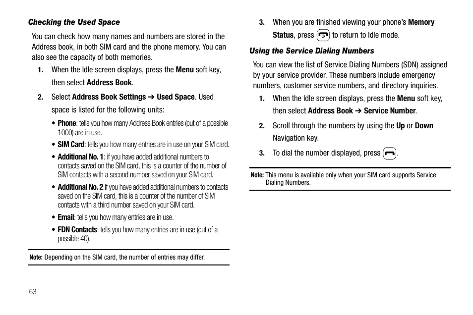 Checking the used space, Using the service dialing numbers | Samsung SGH-A637CWAATT User Manual | Page 66 / 166