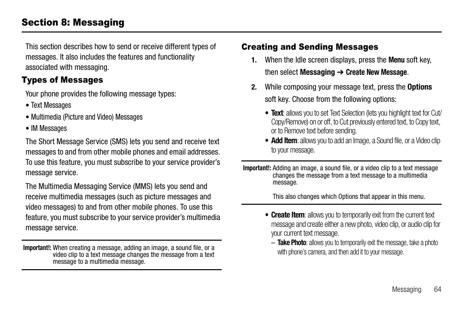 Section 8: messaging, Types of messages, Creating and sending messages | Types of messages creating and sending messages | Samsung SGH-A637CWAATT User Manual | Page 67 / 166
