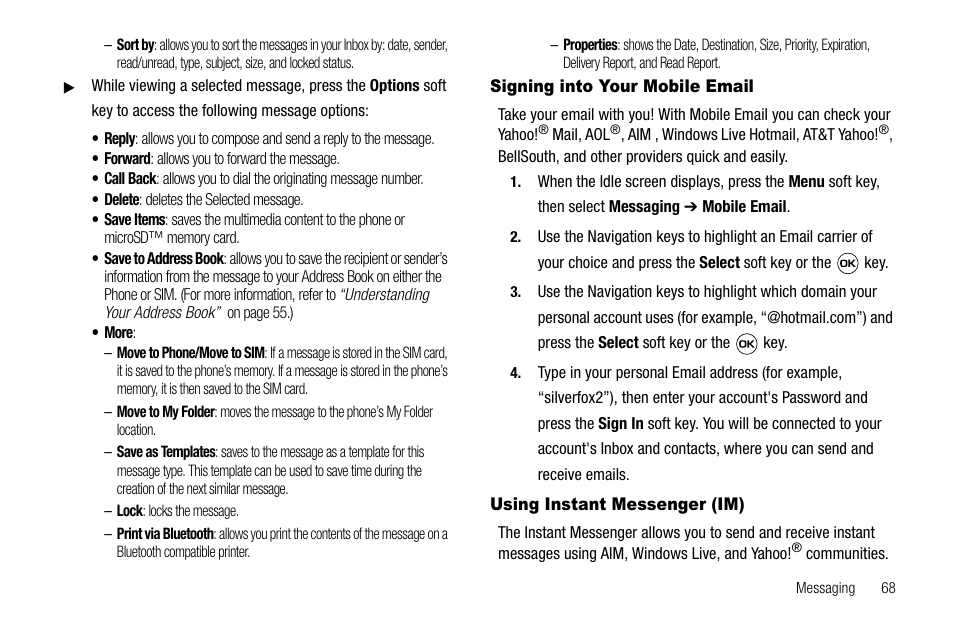 Signing into your mobile email, Using instant messenger (im) | Samsung SGH-A637CWAATT User Manual | Page 71 / 166