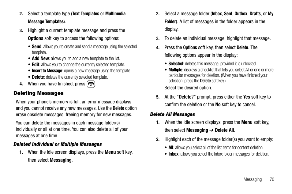 Deleting messages, Deleted individual or multiple messages, Delete all messages | Samsung SGH-A637CWAATT User Manual | Page 73 / 166