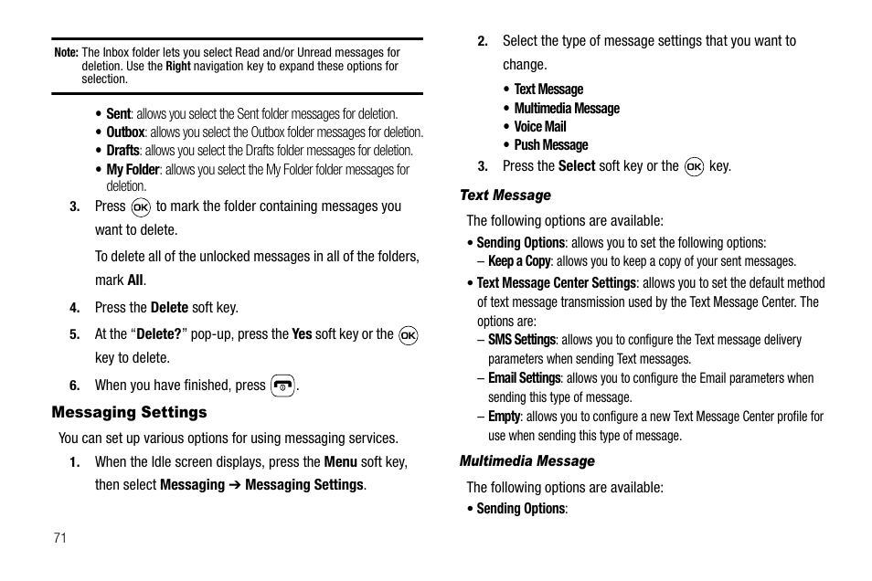 Messaging settings, Text message, Multimedia message | Samsung SGH-A637CWAATT User Manual | Page 74 / 166