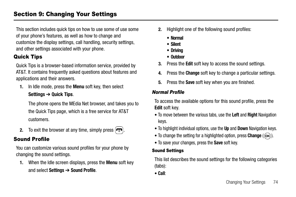 Section 9: changing your settings, Quick tips, Sound profile | Normal profile, Sound settings, Quick tips sound profile | Samsung SGH-A637CWAATT User Manual | Page 77 / 166