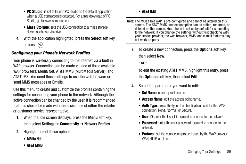 Configuring your phone’s network profiles | Samsung SGH-A637CWAATT User Manual | Page 89 / 166