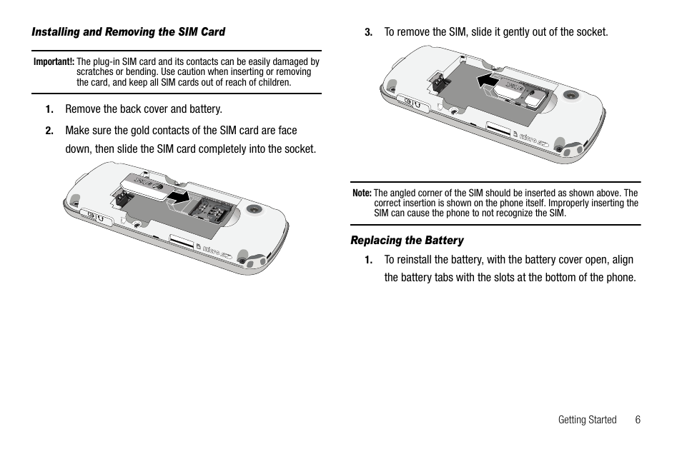 Installing and removing the sim card, Replacing the battery | Samsung SGH-A637CWAATT User Manual | Page 9 / 166