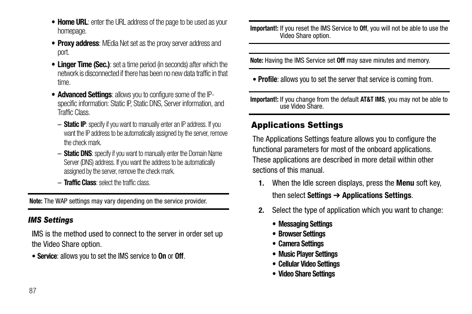 Ims settings, Applications settings | Samsung SGH-A637CWAATT User Manual | Page 90 / 166