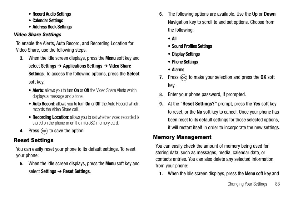 Video share settings, Reset settings, Memory management | Reset settings memory management | Samsung SGH-A637CWAATT User Manual | Page 91 / 166