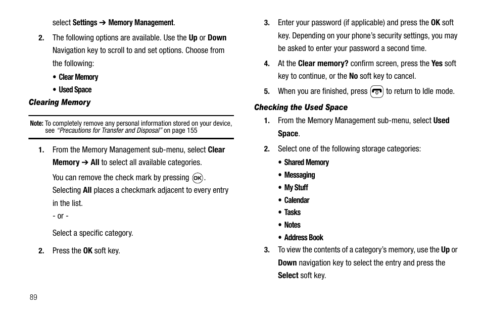 Clearing memory, Checking the used space | Samsung SGH-A637CWAATT User Manual | Page 92 / 166
