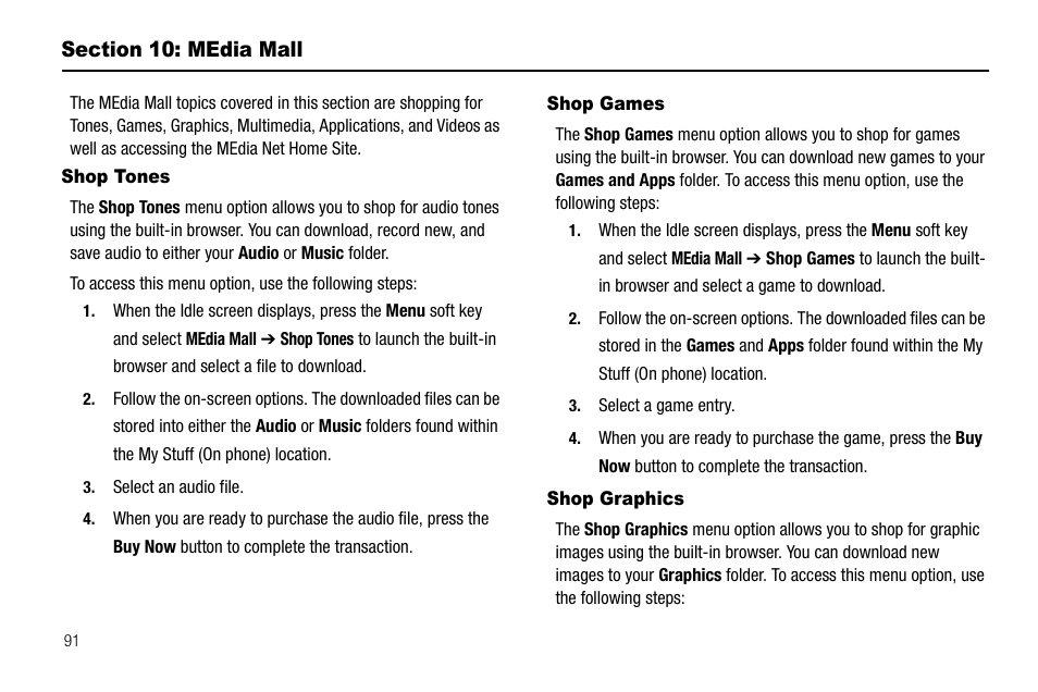 Section 10: media mall, Shop tones, Shop games | Shop graphics, Shop tones shop games | Samsung SGH-A637CWAATT User Manual | Page 94 / 166