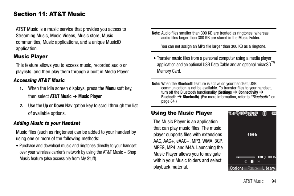Section 11: at&t music, Music player, Accessing at&t music | Adding music to your handset, Using the music player, Music player using the music player | Samsung SGH-A637CWAATT User Manual | Page 97 / 166