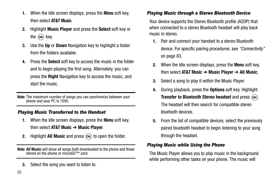 Playing music transferred to the handset, Playing music through a stereo bluetooth device, Playing music while using the phone | Samsung SGH-A637CWAATT User Manual | Page 98 / 166