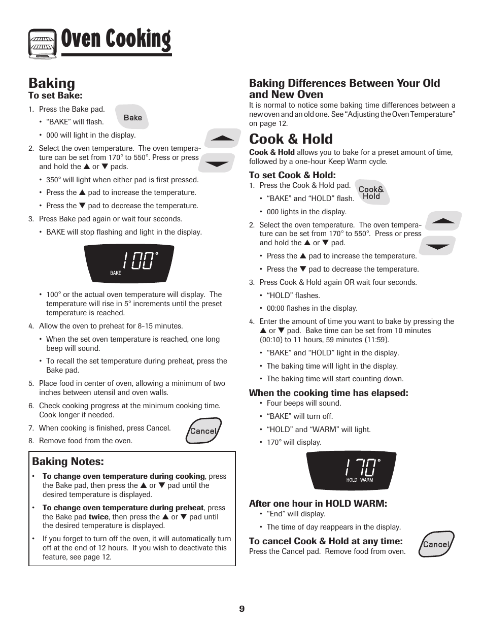 Oven cooking, Baking, Cook & hold | Baking differences between your old and new oven | Amana 8113P596-60 User Manual | Page 10 / 76
