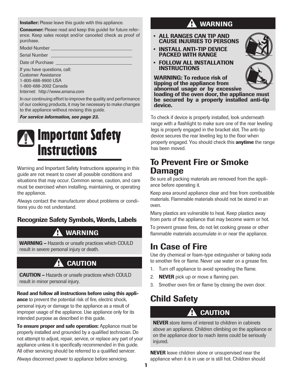 Important safety instructions, Child safety | Amana 8113P596-60 User Manual | Page 2 / 76