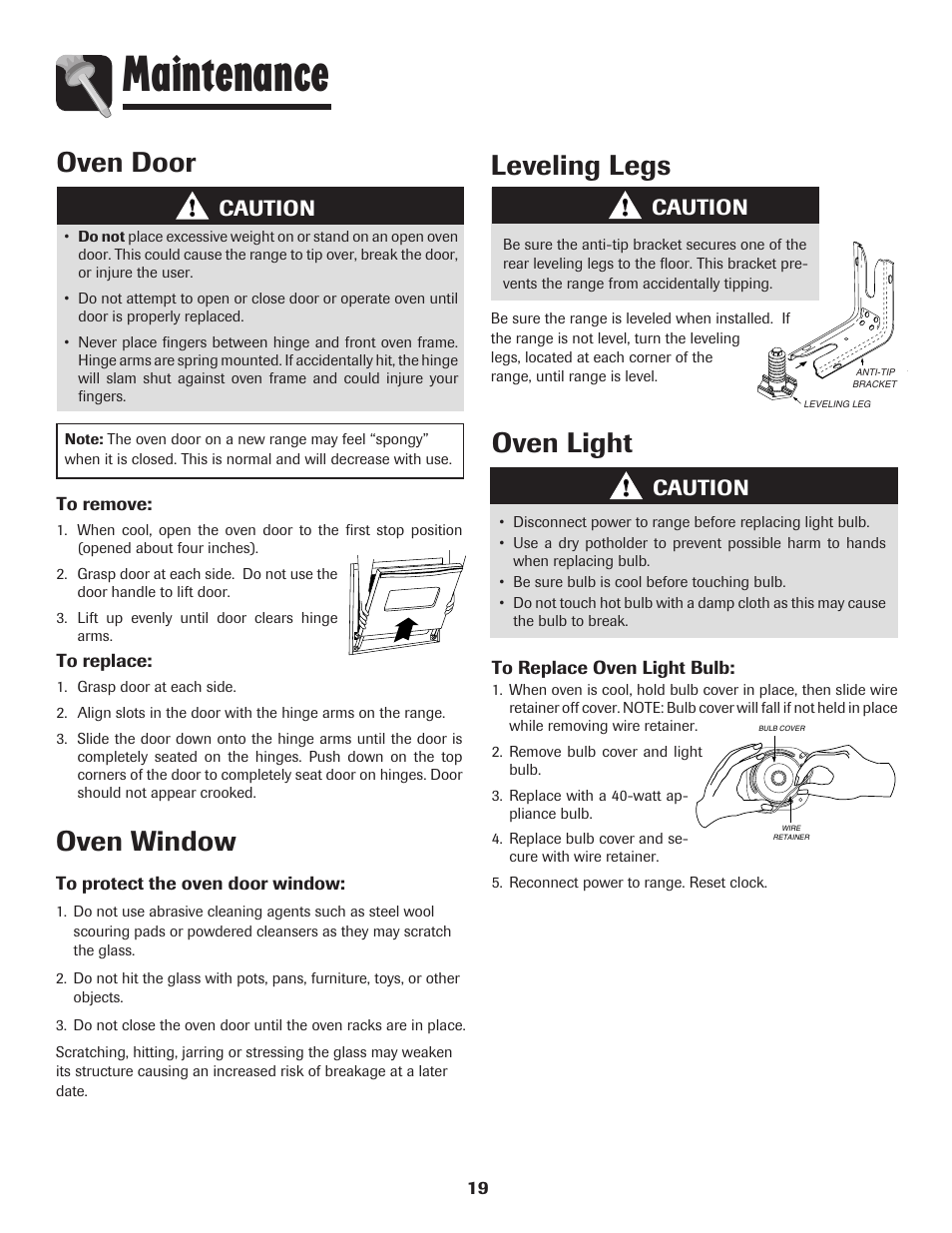 Maintenance, Oven window, Leveling legs | Oven light, Oven door, Caution | Amana 8113P596-60 User Manual | Page 20 / 76