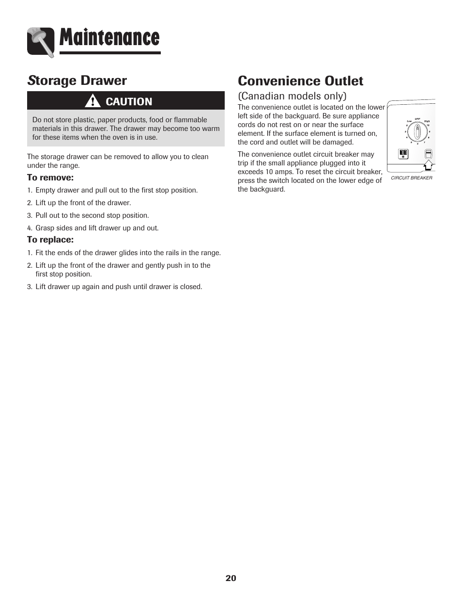 Maintenance, Convenience outlet, S torage drawer | Amana 8113P596-60 User Manual | Page 21 / 76