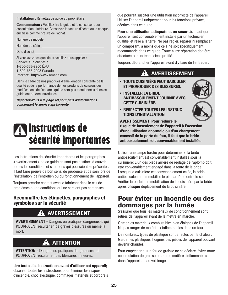 Instructions de sécurité importantes | Amana 8113P596-60 User Manual | Page 26 / 76