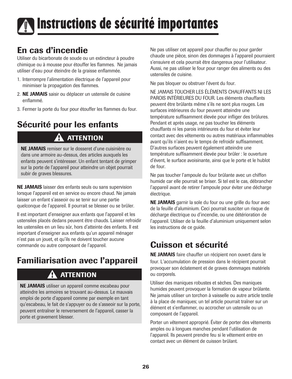 Instructions de sécurité importantes, En cas d’incendie, Sécurité pour les enfants | Cuisson et sécurité, Familiarisation avec l’appareil | Amana 8113P596-60 User Manual | Page 27 / 76