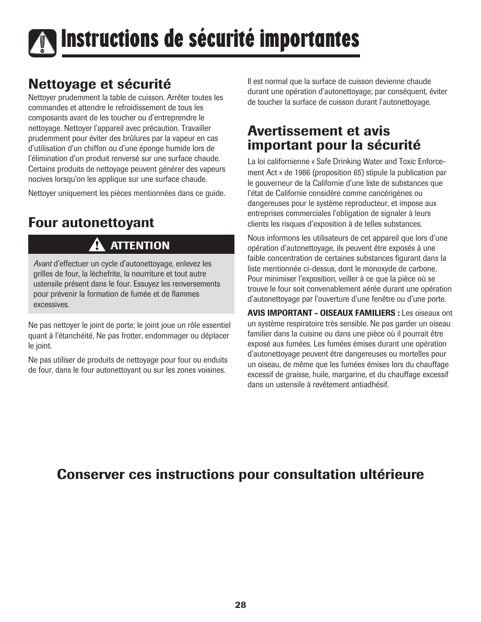 Instructions de sécurité importantes, Nettoyage et sécurité, Four autonettoyant | Avertissement et avis important pour la sécurité | Amana 8113P596-60 User Manual | Page 29 / 76