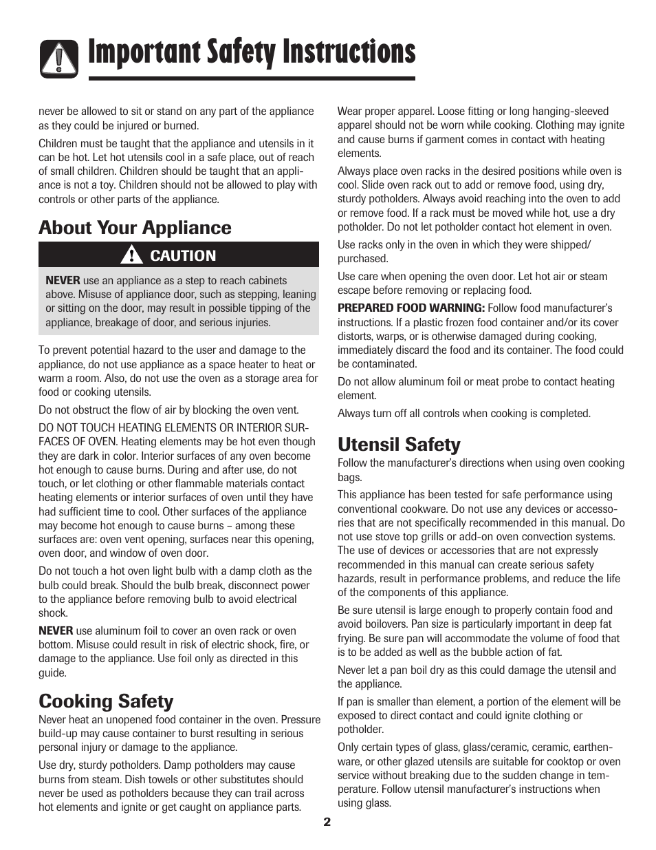 Important safety instructions, Cooking safety, Utensil safety | About your appliance | Amana 8113P596-60 User Manual | Page 3 / 76