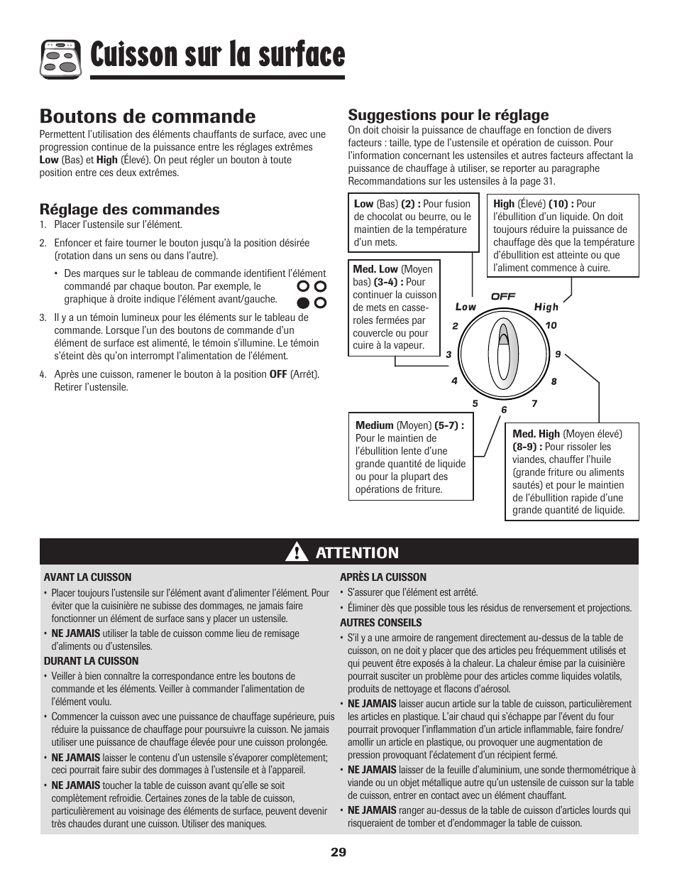 Cuisson sur la surface, Boutons de commande, Réglage des commandes | Attention suggestions pour le réglage | Amana 8113P596-60 User Manual | Page 30 / 76